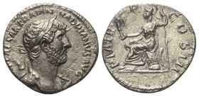 Hadrianus (117 - 138 n. Chr.).

 Denar (Silber). 123 n. Chr. Rom.
Vs: IMP CAESAR TRAIAN HADRIANVS AVG. Büste mit Lorbeerkranz und Drapierung rechts...
