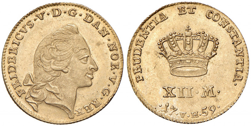 Frederik V. 1746 - 1766
Dänemark. XII Mark, 1759. Stempel von Erasmus Simon Kong...