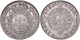 Johann VI. von Portugal, Prinzregent 1799 - 1818, König 1816 - 1826
Brasilien. 960 Reis, 1818. überprägt auf 8 Reales
R-Rio de Janeiro
27,10g
KM 326.1...