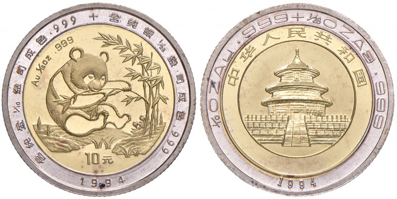 10 Yuan, 1992
China. Panda Bi-Metall 3,11 Gr. Feingold, 1,11 Gramm Feinsilber, i...