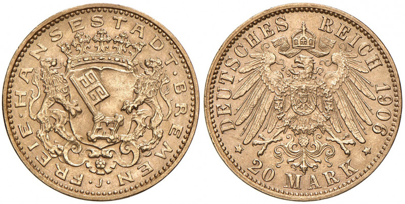 20 Mark, 1906
Deutschland, Bremen Stadt. 8,00g. J. 205
vz/stgl