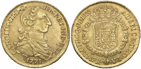 Carlos III. 1759 - 1788
Kolumbien. 8 Escudos, 1771. V.J. - Santa Fe (Nuevo Reino)
27,05g
La Onza 863, AC 2095, Friedb. 31
vz