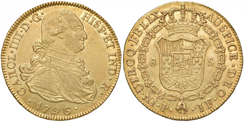 Carlos IV. 1788 - 1808
Kolumbien. 8 Escudos, 1796. P-JF - Popayan
27,04g
La Onza...