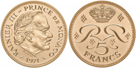 Rainier 1949 - 2005
Monaco. 5 Francs, 1971. in Gold 17,76 Feingold, in original Etui ohne Zertifikat.
19,31g
Schön 26.d.
stgl