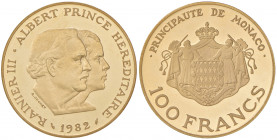 Rainier 1949 - 2005
Monaco. 100 Francs, 1982. Dickabschlag / Piefort der Probe (Essai) in Gold 49,38 Feingold, von R. Cochet, Auflage nur 250 Stück, i...