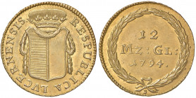 Kanton
Schweiz, Luzern. 12 Münzgulden (Duplone), 1794. Luzern
7,64g
HMZ 2-647a., D.T. 541a
vz/stgl