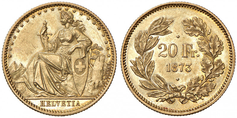 Eidgenossenschaft
Schweiz. 20 Franken, 1873 B. 2 Punkt-Probe von Leopold Wiener
...