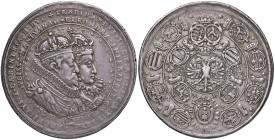 Ferdinand II. 1619 - 1637
2 1/4 Taler, 1622. Präsenttaler der Stadt Sankt Veit zur Hochzeit.
St. Veit
63,10g
Her. 1713, Mk.--.
ss