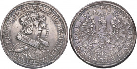 Erzherzog Leopold V. 1619 - 1632
2 Taler, o. Jahr. auf die Hochzeit mit Claudia von Medici.
Hall
56,86g
M./T. 487, Enz. 202 var.
ss+