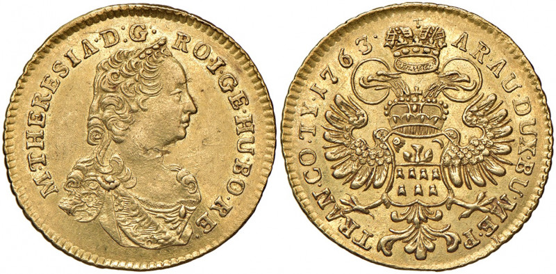 Maria Theresia 1740 - 1780
Dukat, 1763. Karlsburg
3,50g
Fr. 1463, Her. 215, Eyp....