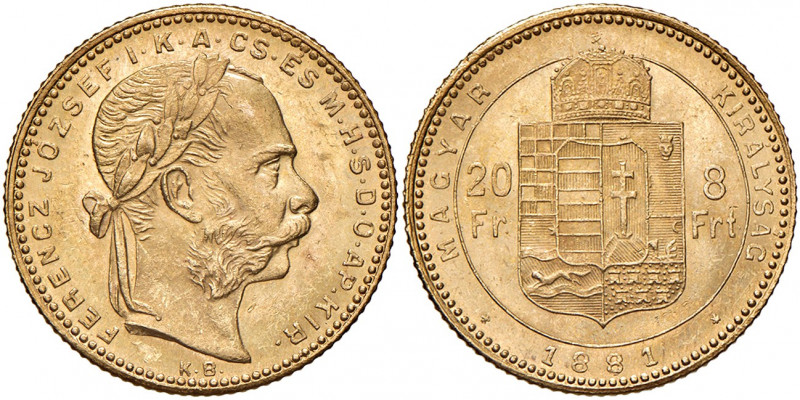 Franz Joseph I. 1848 - 1916
8 Forint, 1881, K-B. Kremnitz
6,46g
Fr. 1729
vz/stgl