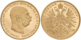 Franz Joseph I. 1848 - 1916
100 Kronen, 1914. of the finest condition
Wien
33,90g
Fr. 1922
Erstabschlag / PP / Proof