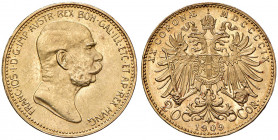 Franz Joseph I. 1848 - 1916
20 Kronen, 1909. Wien
6,78g
Fr. 1938
vz/stgl