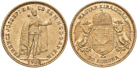 Franz Joseph I. 1848 - 1916
20 Korona, 1908, K-B. Kremnitz
6,78g
Fr. 2072
vz