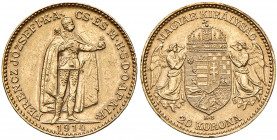 Franz Joseph I. 1848 - 1916
20 Korona, 1914, K-B. Bosnienwappen
Kremnitz
6,78g
Fr. 2080
vz/stgl