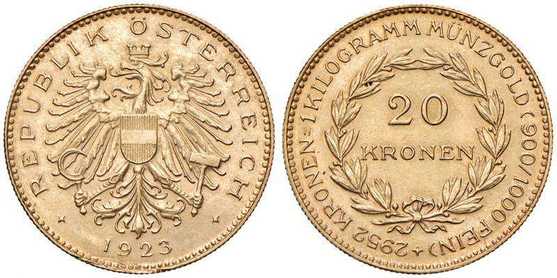 20 Kronen, 1923
1. Republik 1918 - 1933 - 1938. Wien. 6,76g
Her. 3
stgl