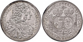 Ferdinand
Schwarzenberg. Taler, 1696. auf die Bestätigung der Münzrechte seiner Gemahlin Maria Anna von Sulz für die Grafschaften Sulz und Klettgau
Kr...