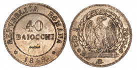 ROMA - SECONDA REPUBBLICA ROMANA (1848-1849) - 40 baiocchi 1849
Mistura
Gigante 1 Rara
Colpo ad ore 12 del /D. Buon lustro.
q.SPL