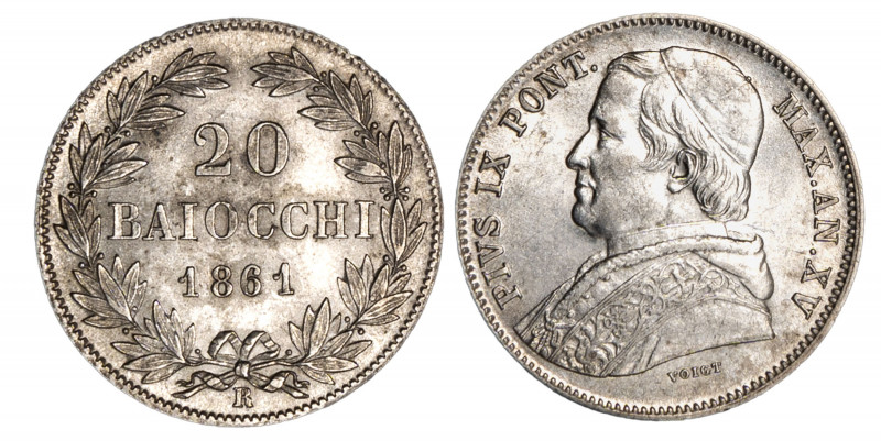 ROMA - PIO IX (1846-1870) - 20 Baiocchi 1861, anno XV, (II° tipo)
Argento
Giga...