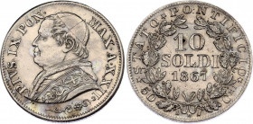 ROMA - PIO IX (1846-1870) - 10 soldi 1867, anno XXII
Argento
Gigante 306
SPL-FDC