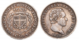 CARLO FELICE (1821-1831) - 50 centesimi 1828, Torino (L)
Argento
Gigante 93
Colpetto al /R
buon BB