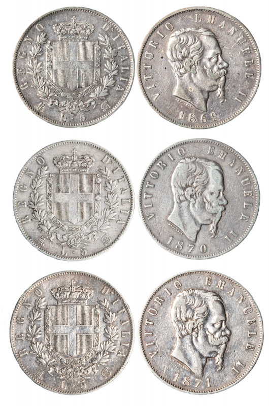 VITTORIO EMANUELE II (1861-1878) - Lotto 3 monete da 5 lire (1869 M, 1870 M, 187...