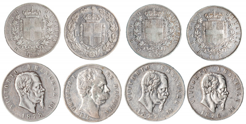 VITTORIO EMANUELE II (1861-1878) e UMBERTO I (1878-1900) - Lotto 4 monete da 5 l...