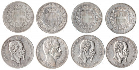 VITTORIO EMANUELE II (1861-1878) e UMBERTO I (1878-1900) - Lotto 4 monete da 5 lire (1876, 1877, 1878, 1879)
Argento
Gigante 51, 52, 53 (Non comune)...
