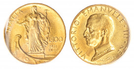 VITTORIO EMANUELE III (1900-1943) - 100 lire 1931 anno IX
Oro
Gigante 9
Sigillata q.FDC dal Perito Massimo Filisina con la nota 'segni di contatto'...