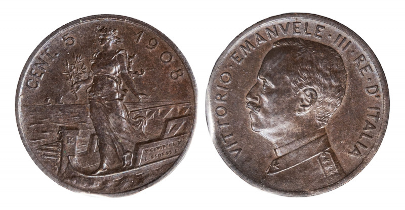 VITTORIO EMANUELE III (1900-1943) - 5 centesimi 1908
Rame
Gigante 257 Rara
Si...