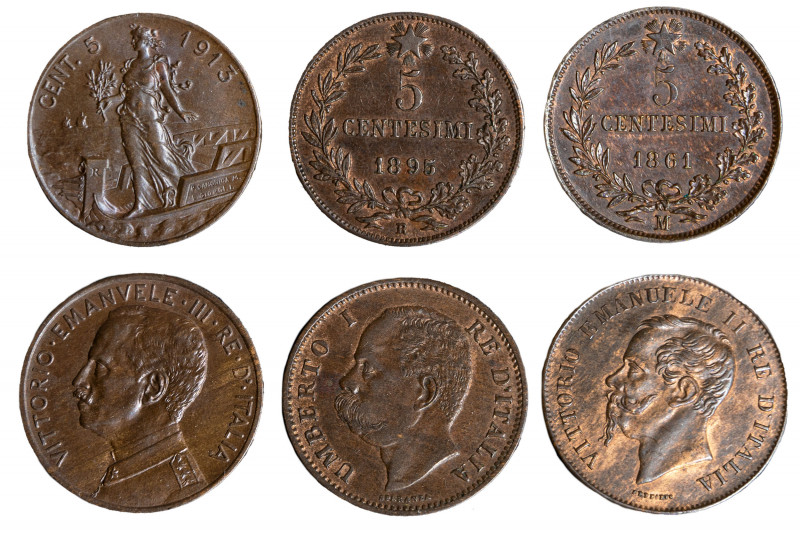 REGNO D'ITALIA (1861-1943) Lotto 3 monete da 5 centesimi (1861 M, 1895, 1913)
G...