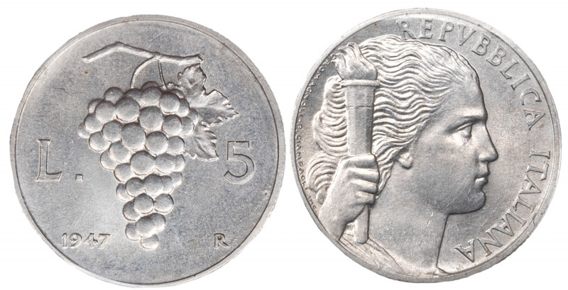 REPUBBLICA ITALIANA - 5 lire 1947
Italma
Gigante 278 Molto rara
Sigillata q.F...