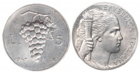 REPUBBLICA ITALIANA - 5 lire 1947
Italma
Gigante 278 Molto rara
Sigillata q.FDC dal perito Enrico Zamboni