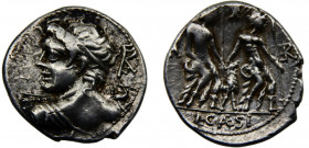 Roma Republic Lucius Caesius AR Denarius 112-111 BC Roma mint Bust of Apollo seen from behind, head turned left, brandishing thunderbolt in right hand...