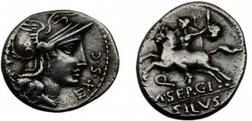 Roma Republic M. Sergius Silus AR Denarius 116-115 BC Roma mint Helmeted head of Roma right, Helmeted horseman galloping left, holding sword and sever...