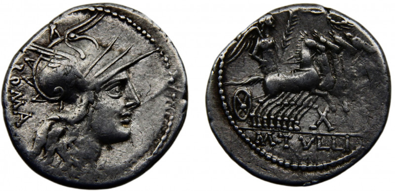 Roma Republic M. Tullius AR Denarius 121 BC Roma mint Helmeted head of Roma, Vic...