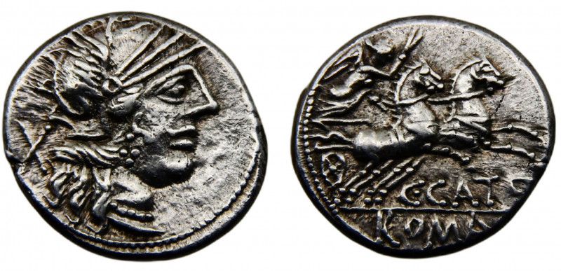 Roma Republic C. Porcius Cato AR Denarius 123 BC Roma mint Helmeted head of Roma...
