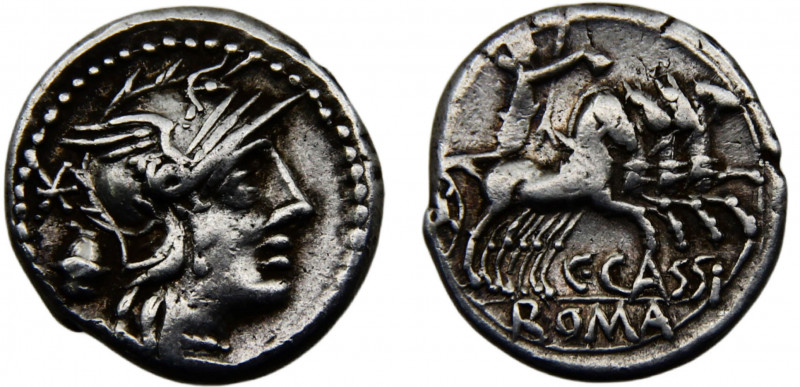 Roma Republic C. Cassius AR Denarius 126 BC Roma mint Helmeted head of Roma, Lib...