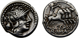 Roma Republic C. Cassius AR Denarius 126 BC Roma mint Helmeted head of Roma, Libertas driving quadriga right Silver 3.89g Crawford# 266/1