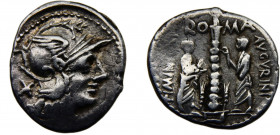 Roma Republic Ti. Minucius C.f. Augurinus AR Denarius 134 BC Roma mint Helmeted head of Roma, column with grain ears at base surmounted by statue, tog...