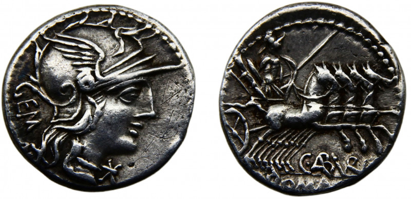 Roma Republic C. Aburius Geminus AR Denarius 134 BC Roma mint Helmeted head of R...