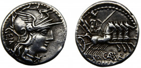Roma Republic C. Aburius Geminus AR Denarius 134 BC Roma mint Helmeted head of Roma, Mars in quadriga right Silver 3.93g Crawford# 244/1
