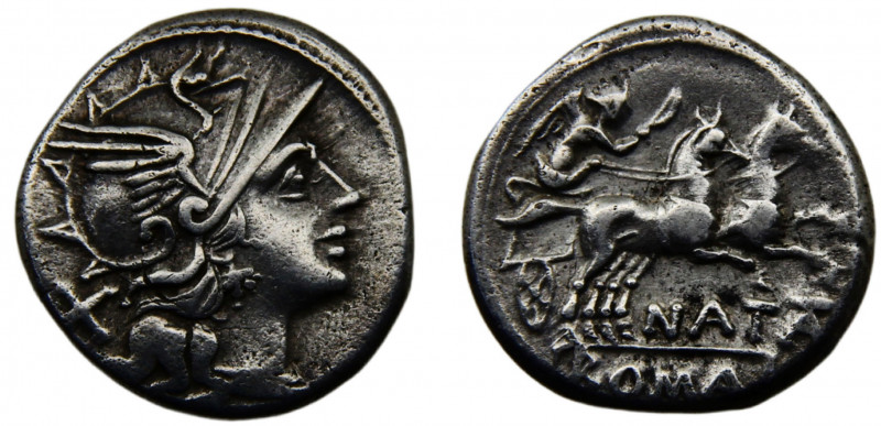 Roma Republic Pinarius Natta AR Denarius 149 BC Roma mint Helmeted head of Roma,...