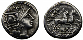 Roma Republic Pinarius Natta AR Denarius 149 BC Roma mint Helmeted head of Roma, Victory in biga Silver 3.85g Crawford# 208/1