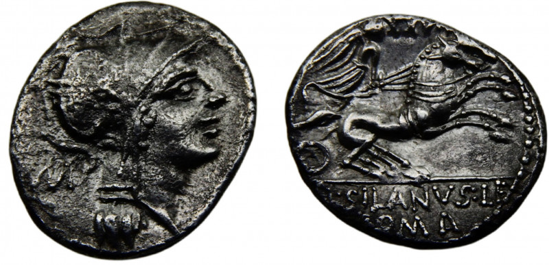Roma Republic Decimus Junius Silanus AR Denarius 91 BC Roma mint Helmeted head o...