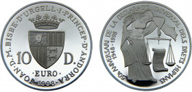 Andorra Principalty Joan Martí i Alanis 10 Diner 1998 (Mintage 25000) 50th Anniversary of the Declaration of Human Rights Silver 0.925 31.73g KM# 143...