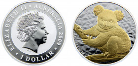 Australia Commonwealth Elizabeth II 1 Dollar 2009 P Perth mint(Mintage 5472) 4th Portrait, Koala, Silver Bullion, Gilded Gold plated silver 0.999 31.5...