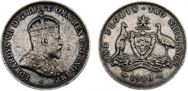 Australia Commonwealth Edward VII 1 Florin 1910 London mint Silver 11.28g KM# 21...