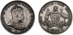 Australia Commonwealth Edward VII 1 Florin 1910 London mint Silver 11.28g KM# 21