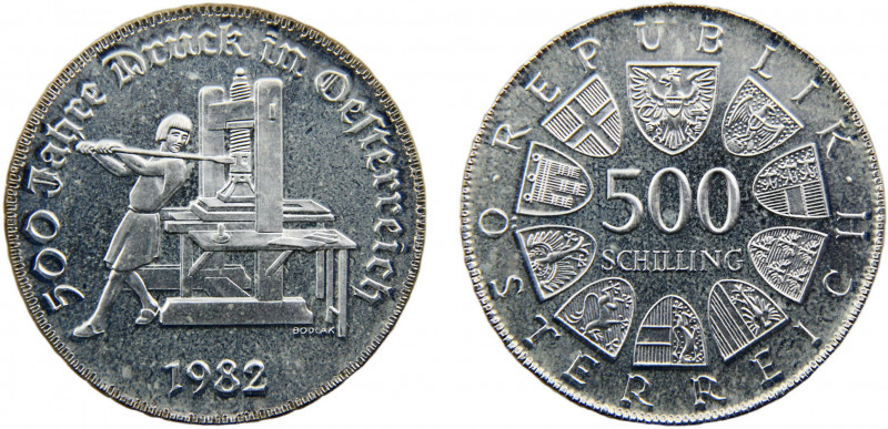 Austria Second Republic 500 Schilling 1982 Austrian Printing Silver 0.64 24g KM#...